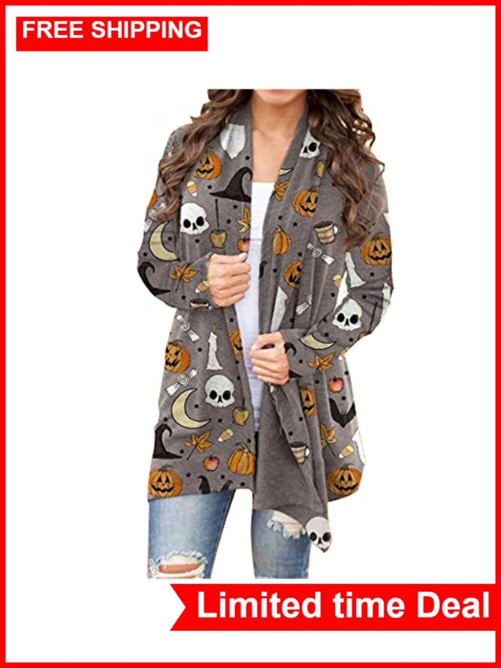 Women's Halloween Cat Pumpkin Knit Cardigan Long Sleeve Open Front Sweater